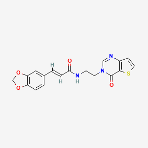 molecular formula C18H15N3O4S B2793765 (E)-3-(benzo[d][1,3]dioxol-5-yl)-N-(2-(4-oxothieno[3,2-d]pyrimidin-3(4H)-yl)ethyl)acrylamide CAS No. 2035019-49-7