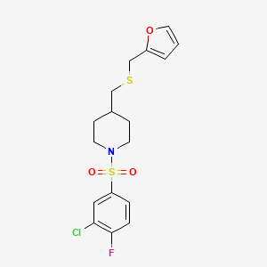 molecular formula C17H19ClFNO3S2 B2793827 1-((3-Chloro-4-fluorophenyl)sulfonyl)-4-(((furan-2-ylmethyl)thio)methyl)piperidine CAS No. 1396873-01-0
