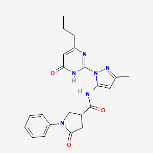 molecular formula C22H24N6O3 B2793996 N-(3-methyl-1-(6-oxo-4-propyl-1,6-dihydropyrimidin-2-yl)-1H-pyrazol-5-yl)-5-oxo-1-phenylpyrrolidine-3-carboxamide CAS No. 1005975-81-4
