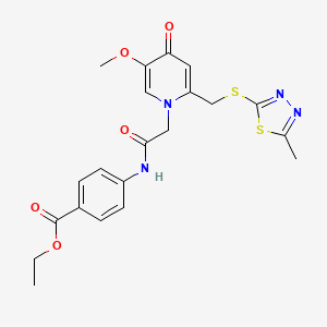 molecular formula C21H22N4O5S2 B2794111 ethyl 4-(2-(5-methoxy-2-(((5-methyl-1,3,4-thiadiazol-2-yl)thio)methyl)-4-oxopyridin-1(4H)-yl)acetamido)benzoate CAS No. 933206-10-1