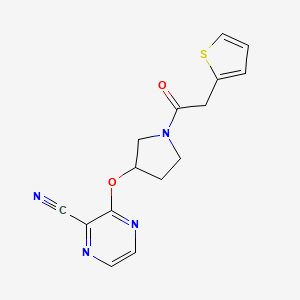 molecular formula C15H14N4O2S B2794144 3-((1-(2-(Thiophen-2-yl)acetyl)pyrrolidin-3-yl)oxy)pyrazine-2-carbonitrile CAS No. 2034333-81-6