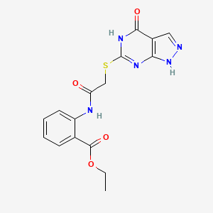 molecular formula C16H15N5O4S B2794153 乙酸2-(2-((4-氧代-4,5-二氢-1H-吡唑并[3,4-d]嘧啶-6-基)硫)乙酰氨基)苯酸乙酯 CAS No. 877630-05-2