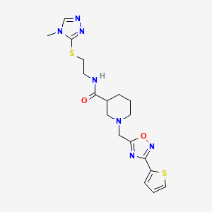 molecular formula C18H23N7O2S2 B2794168 N-(2-((4-methyl-4H-1,2,4-triazol-3-yl)thio)ethyl)-1-((3-(thiophen-2-yl)-1,2,4-oxadiazol-5-yl)methyl)piperidine-3-carboxamide CAS No. 1286718-62-4