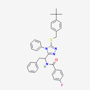 molecular formula C34H33FN4OS B2794298 N-[1-(5-{[4-(tert-butyl)benzyl]sulfanyl}-4-phenyl-4H-1,2,4-triazol-3-yl)-2-phenylethyl]-4-fluorobenzenecarboxamide CAS No. 478066-93-2