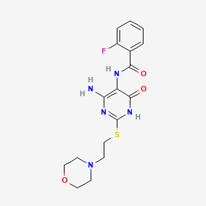 molecular formula C17H20FN5O3S B2794315 N-(4-amino-2-((2-morpholinoethyl)thio)-6-oxo-1,6-dihydropyrimidin-5-yl)-2-fluorobenzamide CAS No. 888425-54-5