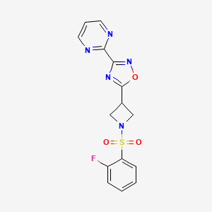 molecular formula C15H12FN5O3S B2794379 5-(1-((2-Fluorophenyl)sulfonyl)azetidin-3-yl)-3-(pyrimidin-2-yl)-1,2,4-oxadiazole CAS No. 1327629-38-8