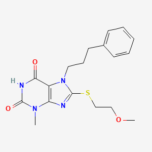 molecular formula C18H22N4O3S B2794393 8-((2-methoxyethyl)thio)-3-methyl-7-(3-phenylpropyl)-1H-purine-2,6(3H,7H)-dione CAS No. 489464-12-2