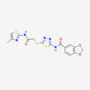 molecular formula C16H13N5O4S3 B2794396 N-(5-((2-((4-methylthiazol-2-yl)amino)-2-oxoethyl)thio)-1,3,4-thiadiazol-2-yl)benzo[d][1,3]dioxole-5-carboxamide CAS No. 868973-96-0