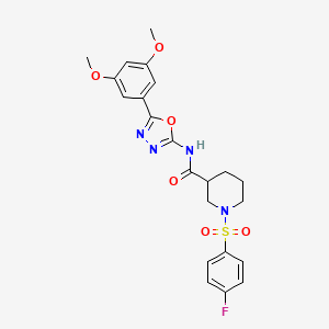 molecular formula C22H23FN4O6S B2794419 N-(5-(3,5-二甲氧基苯基)-1,3,4-噁二唑-2-基)-1-((4-氟苯基)磺酰)哌啶-3-甲酰胺 CAS No. 952848-59-8