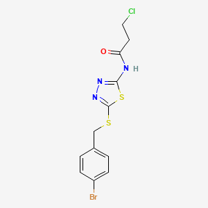 molecular formula C12H11BrClN3OS2 B2794454 N-(5-((4-bromobenzyl)thio)-1,3,4-thiadiazol-2-yl)-3-chloropropanamide CAS No. 391874-70-7