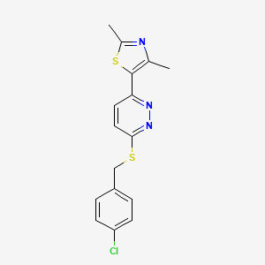 molecular formula C16H14ClN3S2 B2794462 5-(6-((4-Chlorobenzyl)thio)pyridazin-3-yl)-2,4-dimethylthiazole CAS No. 897758-61-1