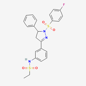 molecular formula C23H22FN3O4S2 B2794495 N-[3-[2-(4-fluorophenyl)sulfonyl-3-phenyl-3,4-dihydropyrazol-5-yl]phenyl]ethanesulfonamide CAS No. 851783-26-1