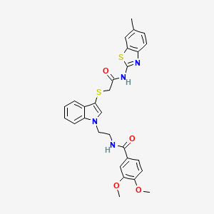 molecular formula C29H28N4O4S2 B2794570 3,4-dimethoxy-N-(2-(3-((2-((6-methylbenzo[d]thiazol-2-yl)amino)-2-oxoethyl)thio)-1H-indol-1-yl)ethyl)benzamide CAS No. 862826-49-1