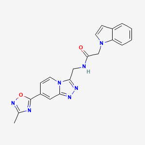 molecular formula C20H17N7O2 B2794587 2-(1H-indol-1-yl)-N-((7-(3-methyl-1,2,4-oxadiazol-5-yl)-[1,2,4]triazolo[4,3-a]pyridin-3-yl)methyl)acetamide CAS No. 2034348-52-0