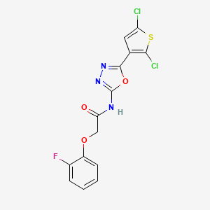molecular formula C14H8Cl2FN3O3S B2794624 N-(5-(2,5-二氯噻吩-3-基)-1,3,4-噁二唑-2-基)-2-(2-氟苯氧基)乙酰胺 CAS No. 1170257-15-4
