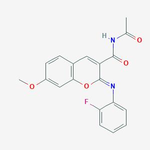 molecular formula C19H15FN2O4 B2794631 (2Z)-N-acetyl-2-[(2-fluorophenyl)imino]-7-methoxy-2H-chromene-3-carboxamide CAS No. 312607-27-5