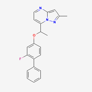 molecular formula C21H18FN3O B2794653 2-Fluoro[1,1'-biphenyl]-4-YL 1-(2-methylpyrazolo[1,5-A]pyrimidin-7-YL)ethyl ether CAS No. 477888-66-7