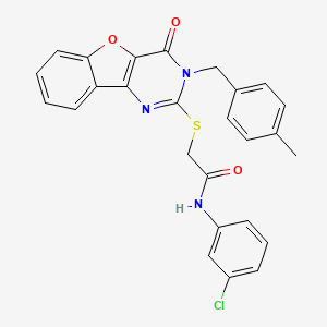molecular formula C26H20ClN3O3S B2794837 N-(3-chlorophenyl)-2-[[3-[(4-methylphenyl)methyl]-4-oxo-[1]benzofuro[3,2-d]pyrimidin-2-yl]sulfanyl]acetamide CAS No. 866846-11-9