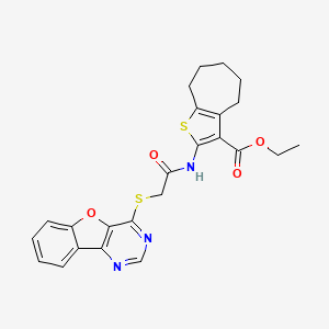 molecular formula C24H23N3O4S2 B2794869 ethyl 2-(2-(benzofuro[3,2-d]pyrimidin-4-ylthio)acetamido)-5,6,7,8-tetrahydro-4H-cyclohepta[b]thiophene-3-carboxylate CAS No. 851130-35-3