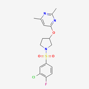 molecular formula C16H17ClFN3O3S B2794944 4-{[1-(3-Chloro-4-fluorobenzenesulfonyl)pyrrolidin-3-yl]oxy}-2,6-dimethylpyrimidine CAS No. 2097895-73-1