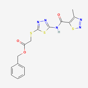 molecular formula C15H13N5O3S3 B2794963 苄基-2-((5-(4-甲基-1,2,3-噻二唑-5-羧酰胺)-1,3,4-噻二唑-2-基)硫)乙酸酯 CAS No. 1351661-21-6