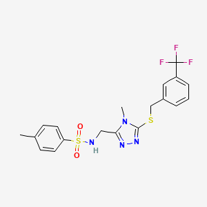 molecular formula C19H19F3N4O2S2 B2794972 4-methyl-N-[(4-methyl-5-{[3-(trifluoromethyl)benzyl]sulfanyl}-4H-1,2,4-triazol-3-yl)methyl]benzenesulfonamide CAS No. 338953-95-0