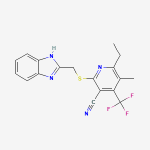 molecular formula C18H15F3N4S B2794984 2-[(1H-1,3-benzimidazol-2-ylmethyl)sulfanyl]-6-ethyl-5-methyl-4-(trifluoromethyl)nicotinonitrile CAS No. 939888-46-7
