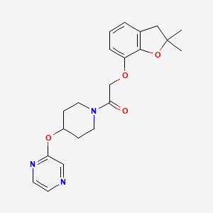 molecular formula C21H25N3O4 B2795054 2-((2,2-Dimethyl-2,3-dihydrobenzofuran-7-yl)oxy)-1-(4-(pyrazin-2-yloxy)piperidin-1-yl)ethanone CAS No. 1448129-92-7