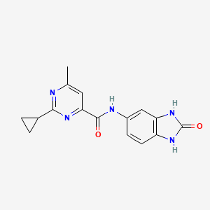 molecular formula C16H15N5O2 B2795173 2-Cyclopropyl-6-methyl-N-(2-oxo-1,3-dihydrobenzimidazol-5-yl)pyrimidine-4-carboxamide CAS No. 2415603-40-4