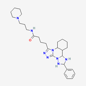 molecular formula C28H32N8O B2795254 4-{9-phenyl-2,4,5,7,8,10-hexaazatetracyclo[10.4.0.0^{2,6}.0^{7,11}]hexadeca-1(16),3,5,8,10,12,14-heptaen-3-yl}-N-[3-(piperidin-1-yl)propyl]butanamide CAS No. 902290-82-8