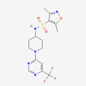 molecular formula C15H18F3N5O3S B2795259 3,5-dimethyl-N-(1-(6-(trifluoromethyl)pyrimidin-4-yl)piperidin-4-yl)isoxazole-4-sulfonamide CAS No. 2034405-62-2