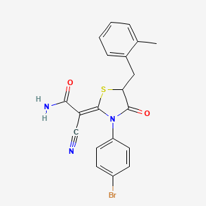 molecular formula C20H16BrN3O2S B2795263 (Z)-2-(3-(4-bromophenyl)-5-(2-methylbenzyl)-4-oxothiazolidin-2-ylidene)-2-cyanoacetamide CAS No. 786678-82-8