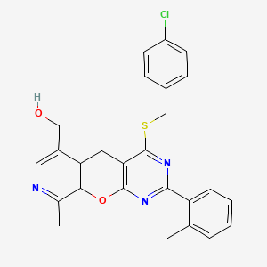 molecular formula C26H22ClN3O2S B2795297 (7-{[(4-氯苯基)甲基]硫代}-14-甲基-5-(2-甲基苯基)-2-氧-4,6,13-三氮杂三环[8.4.0.0^{3,8}]十四碳-1(10),3(8),4,6,11,13-六烯-11-基)甲醇 CAS No. 892415-49-5