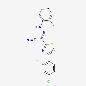 molecular formula C18H12Cl2N4S B2795400 (2E)-4-(2,4-dichlorophenyl)-N-(2-methylanilino)-1,3-thiazole-2-carboximidoyl cyanide CAS No. 477188-09-3