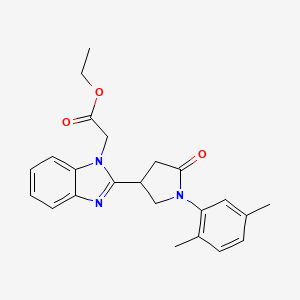 molecular formula C23H25N3O3 B2795430 乙酸乙酯{2-[1-(2,5-二甲基苯基)-5-氧代吡咯烷-3-基]-1H-苯并咪唑-1-基} CAS No. 890638-75-2