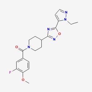 molecular formula C20H22FN5O3 B2795455 (4-(5-(1-ethyl-1H-pyrazol-5-yl)-1,2,4-oxadiazol-3-yl)piperidin-1-yl)(3-fluoro-4-methoxyphenyl)methanone CAS No. 2034479-52-0