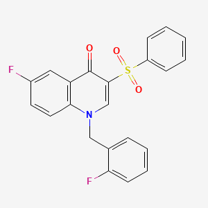 molecular formula C22H15F2NO3S B2795529 3-(Benzenesulfonyl)-6-fluoro-1-[(2-fluorophenyl)methyl]quinolin-4-one CAS No. 866726-11-6