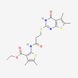 molecular formula C20H23N3O4S3 B2795600 乙酸乙酯 2-({3-[(4-羟基-5,6-二甲基噻吩并[2,3-d]嘧啶-2-基)硫氧基]丙酰氨基}-4,5-二甲基噻吩-3-羧酸酯 CAS No. 500202-79-9