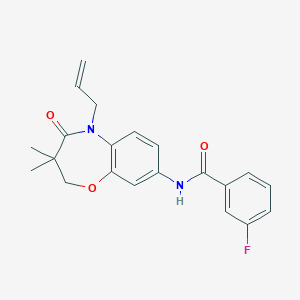 molecular formula C21H21FN2O3 B2795639 N-(5-烯基-3,3-二甲基-4-氧代-2,3,4,5-四氢苯并[b][1,4]噁唑-8-基)-3-氟苯甲酰胺 CAS No. 921794-30-1
