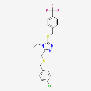molecular formula C20H19ClF3N3S2 B2795652 4-chlorobenzyl (4-ethyl-5-{[4-(trifluoromethyl)benzyl]sulfanyl}-4H-1,2,4-triazol-3-yl)methyl sulfide CAS No. 344268-92-4