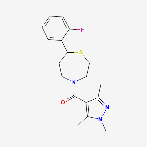 molecular formula C18H22FN3OS B2795706 (7-(2-fluorophenyl)-1,4-thiazepan-4-yl)(1,3,5-trimethyl-1H-pyrazol-4-yl)methanone CAS No. 1706226-54-1