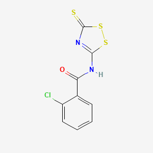 molecular formula C9H5ClN2OS3 B2795747 2-chloro-N-(3-thioxo-3H-1,2,4-dithiazol-5-yl)benzenecarboxamide CAS No. 36289-41-5