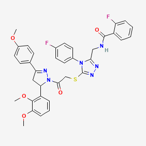 molecular formula C36H32F2N6O5S B2795757 N-[[5-[2-[3-(2,3-二甲氧基苯基)-5-(4-甲氧基苯基)-3,4-二氢吡唑-2-基]-2-氧代乙基]硫代-4-(4-氟苯基)-1,2,4-三唑-3-基]甲基]-2-氟苯甲酰胺 CAS No. 393573-75-6
