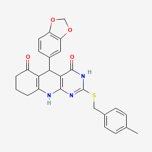 molecular formula C26H23N3O4S B2795764 5-(1,3-苯并二氧杂环戊-5-基)-2-[(4-甲基苯基)硫基]-5,8,9,10-四氢嘧啶并[4,5-b]喹啉-4,6(3H,7H)-二酮 CAS No. 627047-58-9