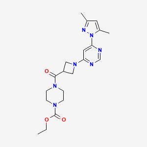 molecular formula C20H27N7O3 B2795771 乙酸-4-(1-(6-(3,5-二甲基-1H-吡唑-1-基)嘧啶-4-基)氮杂环[3.2.1]庚烷-3-羰基)哌嗪-1-甲酸乙酯 CAS No. 2034361-46-9