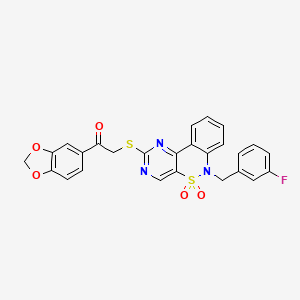 molecular formula C26H18FN3O5S2 B2795854 1-(1,3-benzodioxol-5-yl)-2-{[6-(3-fluorobenzyl)-5,5-dioxido-6H-pyrimido[5,4-c][2,1]benzothiazin-2-yl]thio}ethanone CAS No. 932529-27-6