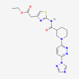molecular formula C19H22N8O3S B2795863 ethyl 2-(2-(1-(6-(1H-1,2,4-triazol-1-yl)pyridazin-3-yl)piperidine-3-carboxamido)thiazol-4-yl)acetate CAS No. 1797186-40-3
