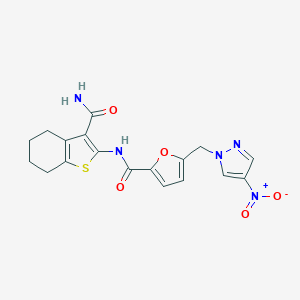 molecular formula C18H17N5O5S B279597 2-[({5-[(4-nitro-1H-pyrazol-1-yl)methyl]furan-2-yl}carbonyl)amino]-4,5,6,7-tetrahydro-1-benzothiophene-3-carboxamide 