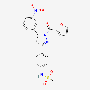 molecular formula C21H18N4O6S B2795986 N-(4-(1-(furan-2-carbonyl)-5-(3-nitrophenyl)-4,5-dihydro-1H-pyrazol-3-yl)phenyl)methanesulfonamide CAS No. 851717-92-5