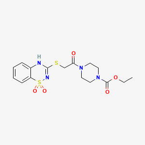 molecular formula C16H20N4O5S2 B2795991 对乙酯基 4-(2-((1,1-二氧代-4H-苯并[e][1,2,4]噻二氮-3-基)硫代)乙酰)哌嗪-1-羧酸酯 CAS No. 899975-96-3